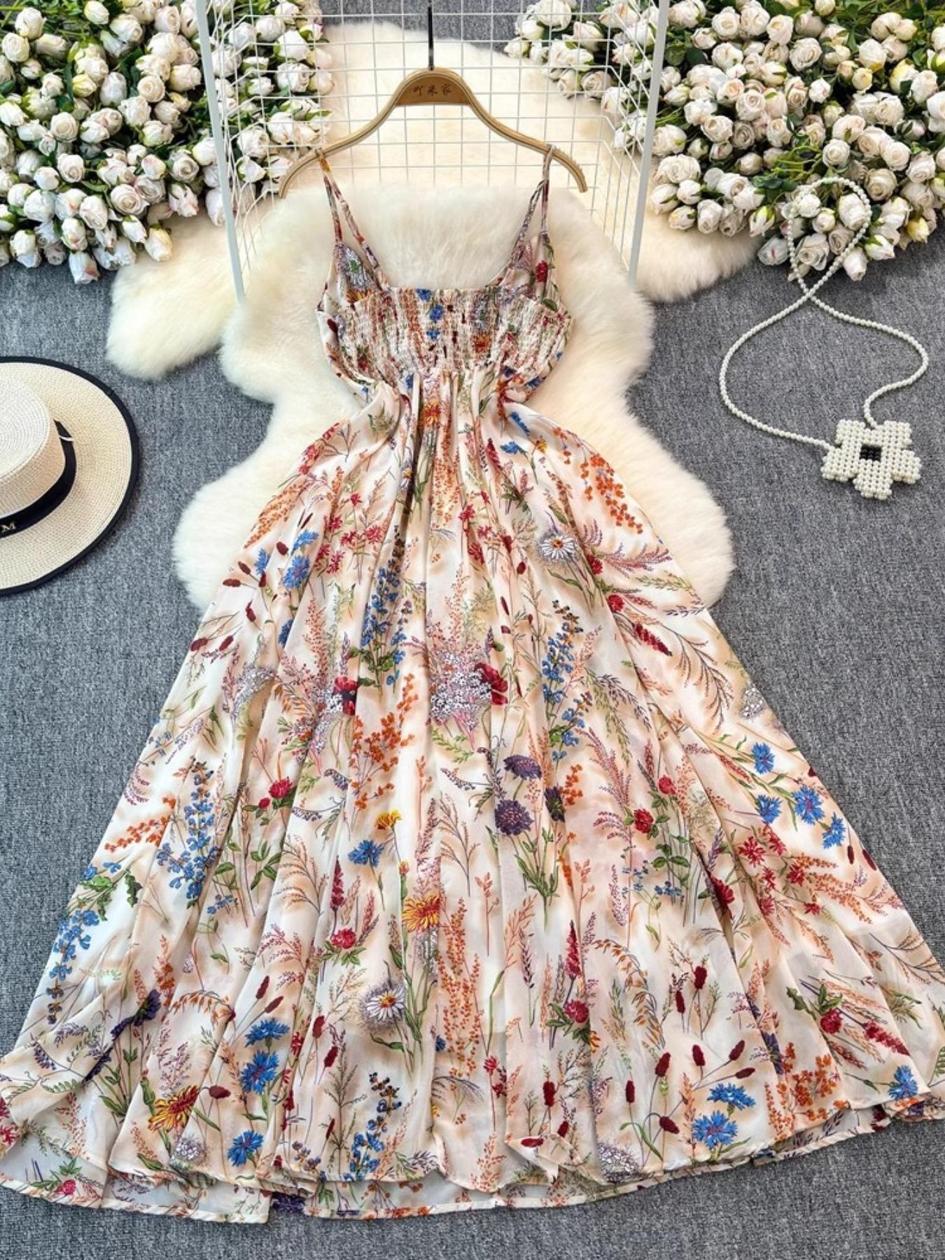 Women's Boho Floral Print Spaghetti Strap Cami Dress – Summer A-Line