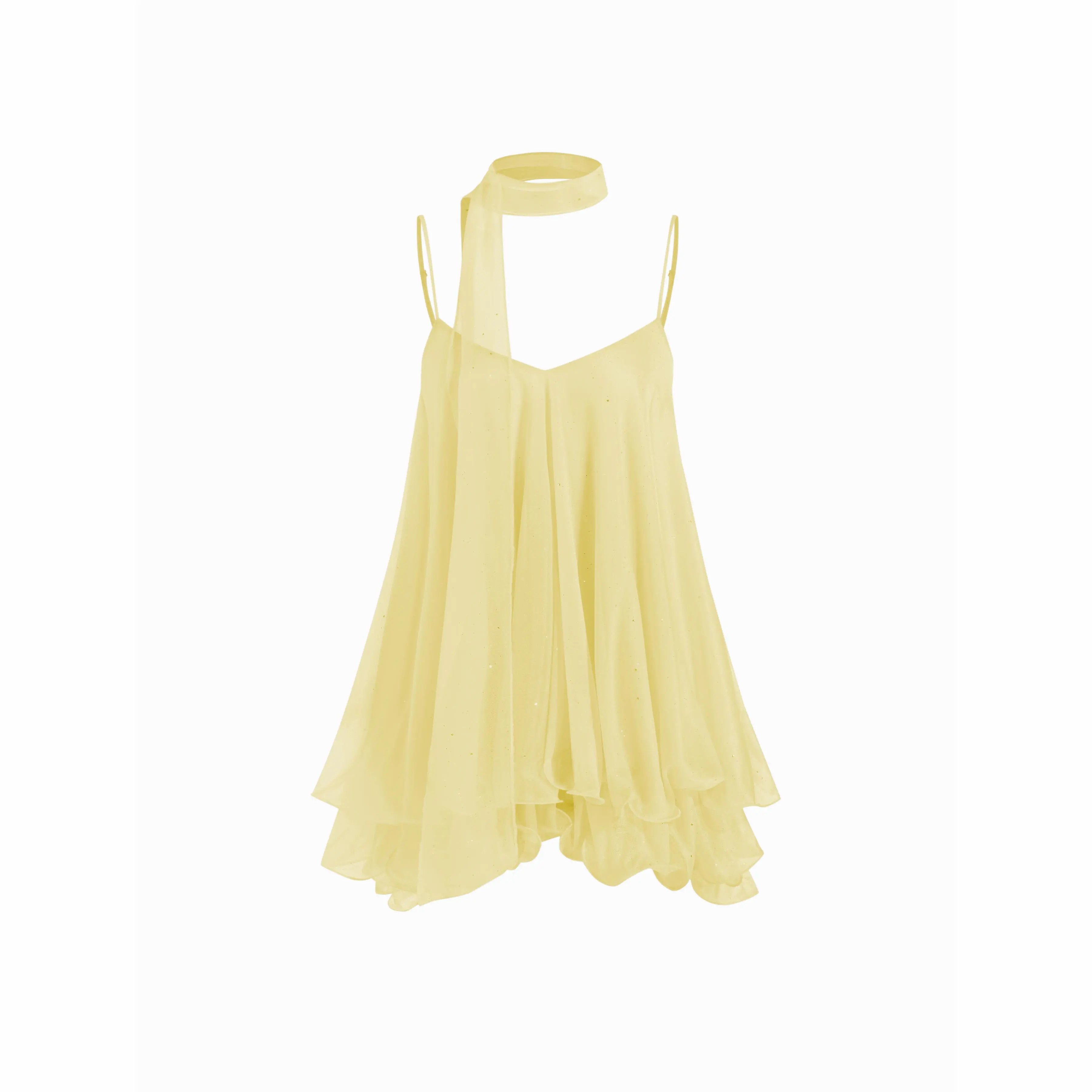 Women's Sequin V-Neck Halter Mini Dress – Ruffled Hem with Scarf