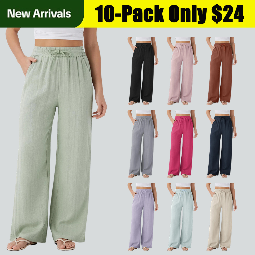 Women's High Waisted Drawstring Pocket Wide Leg Casual Linen-Feel Pants