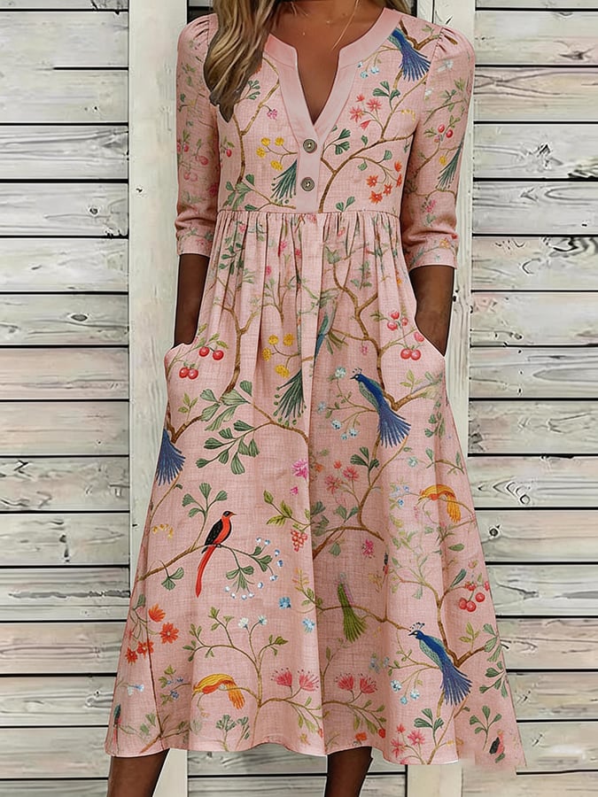 Women's casual cotton and linen floral dress- Fast Shipping
