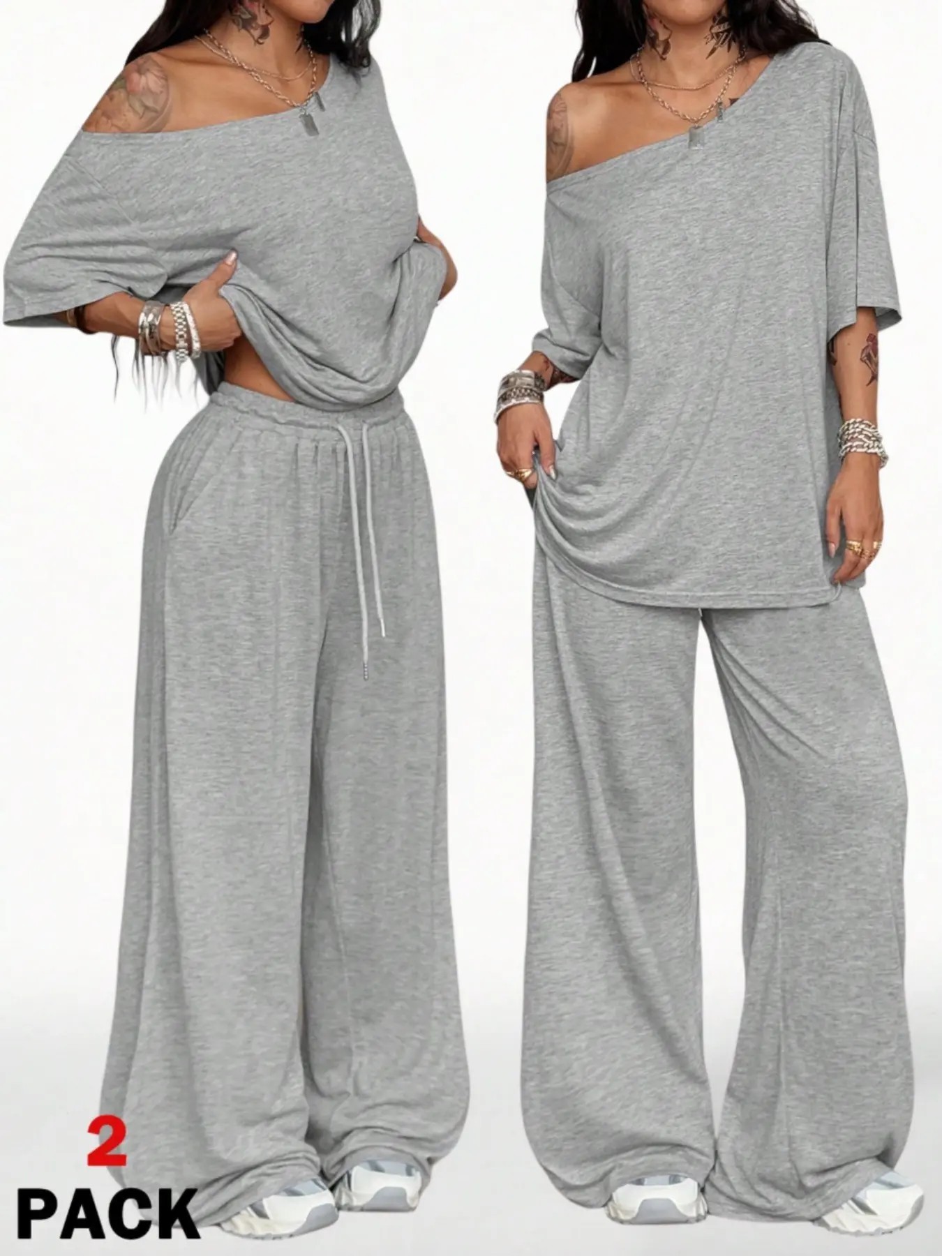 Women's Minimalist Basic Daily Wear Going Out Sport Comfortable Off Shoulder T-Shirt And Wide Leg Pants Two Pieces Outfits