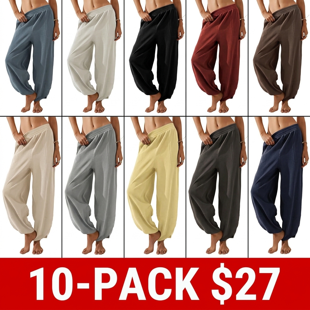 Women's Baggy Wideleg Pants Casual Elastic Waisted Palazzo Harem Pants with Pockets