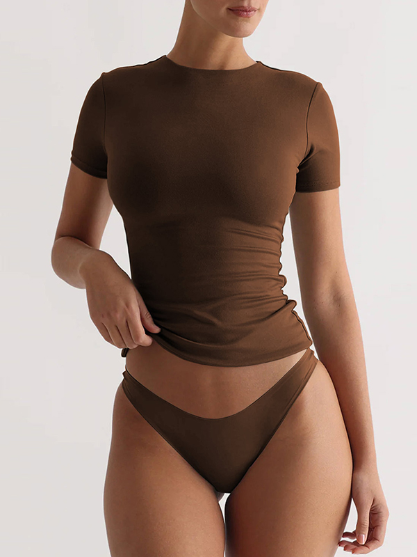 Solid Color Split-Joint Short Sleeves Skinny Round-Neck T-Shirts Tops