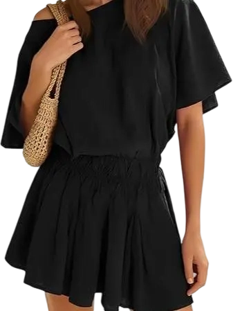 Women’s Casual 2 Piece Outfit Short Sleeve Loose Top and Flowy Mini Skirt Set