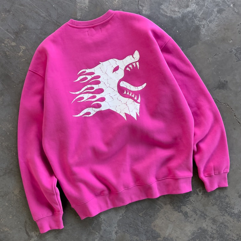 OVERSIZED LUX WAR WOLF CREW NECK - PINK / WHITE