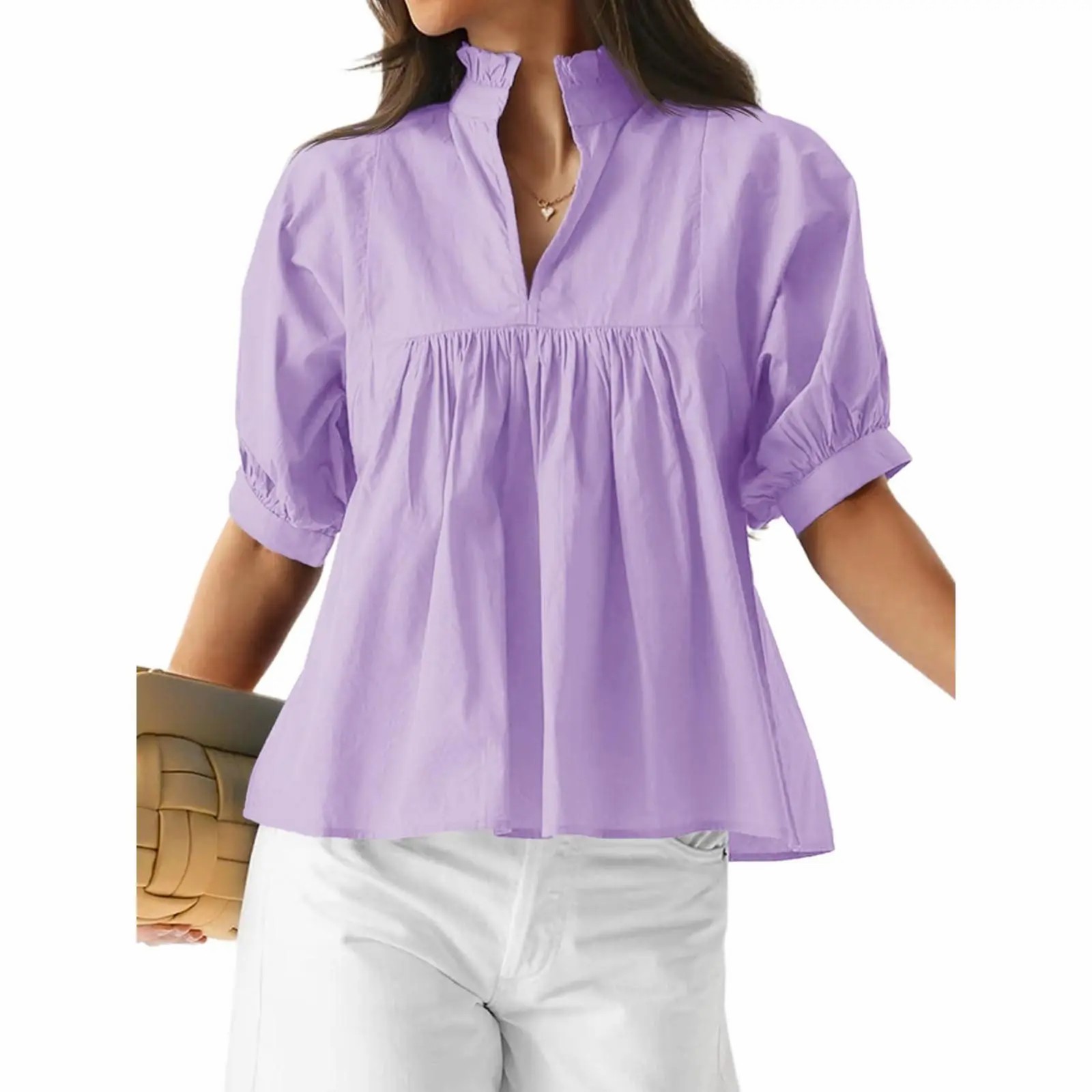 Elegant V-Neck Puff Sleeve Peplum Blouse - Versatile Dressy Casual