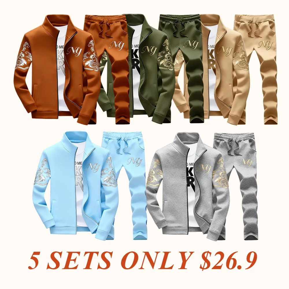 Men's Embroidery Stand Collar Tracksuit 2-Piece Full Zip Sportswear for Daily Casual Yellow Sweatsuit Matching Set