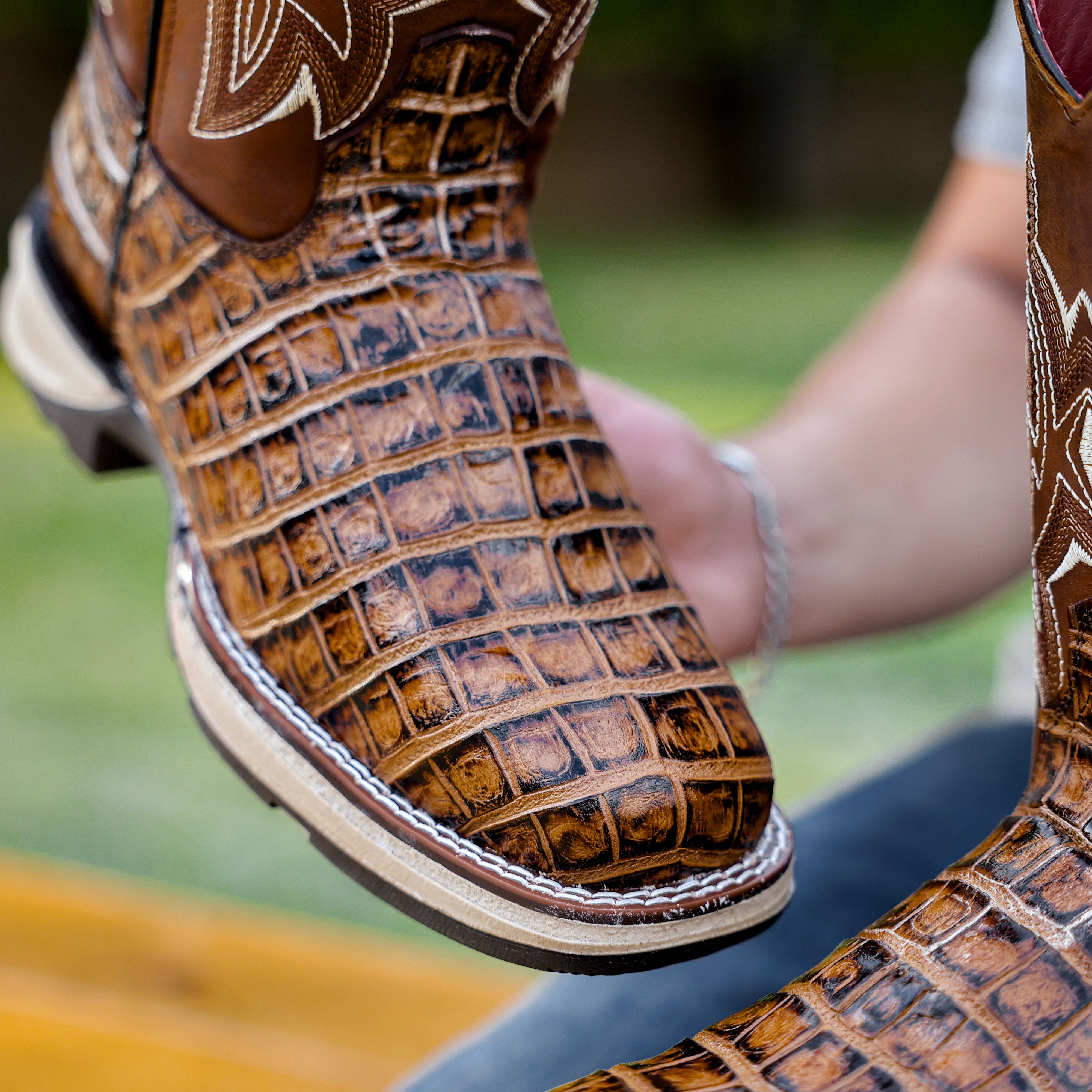 Honey Caiman Belly Leather Boots With 3D Lightweight Sole - Composite Toe