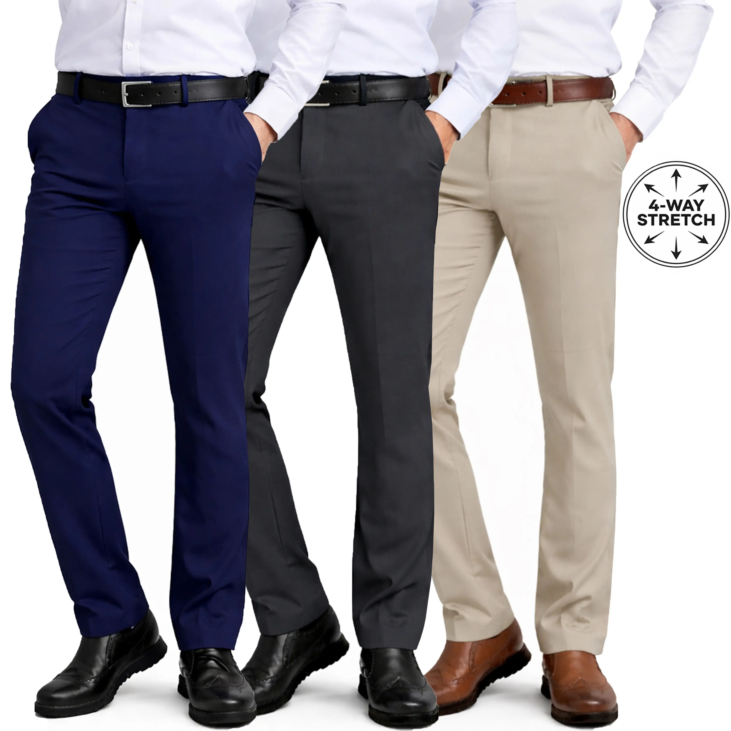 3-Pack Mens Flex Stretch Slim Fit Dress Pants (Sizes, 30-40)