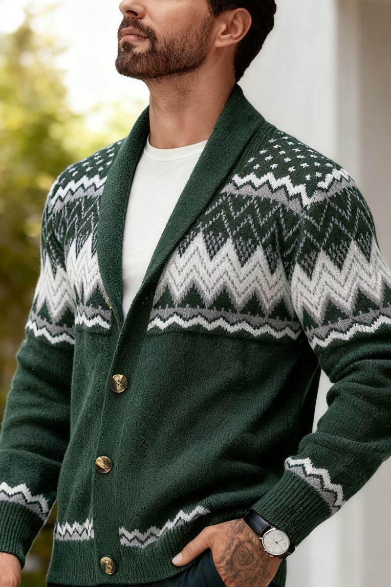 Men's Green Fair Isle Shawl Collar Cardigan