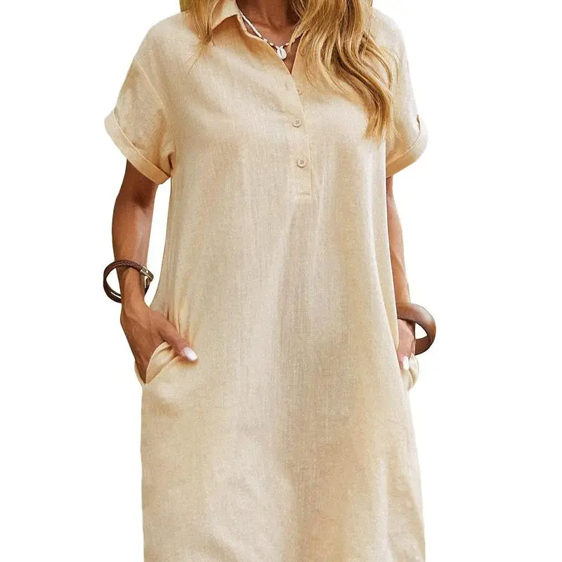 Womens Cotton Shirt Dress Summer Casual Short Sleeve Button Down Beach Cover Up Shirts with Pockets