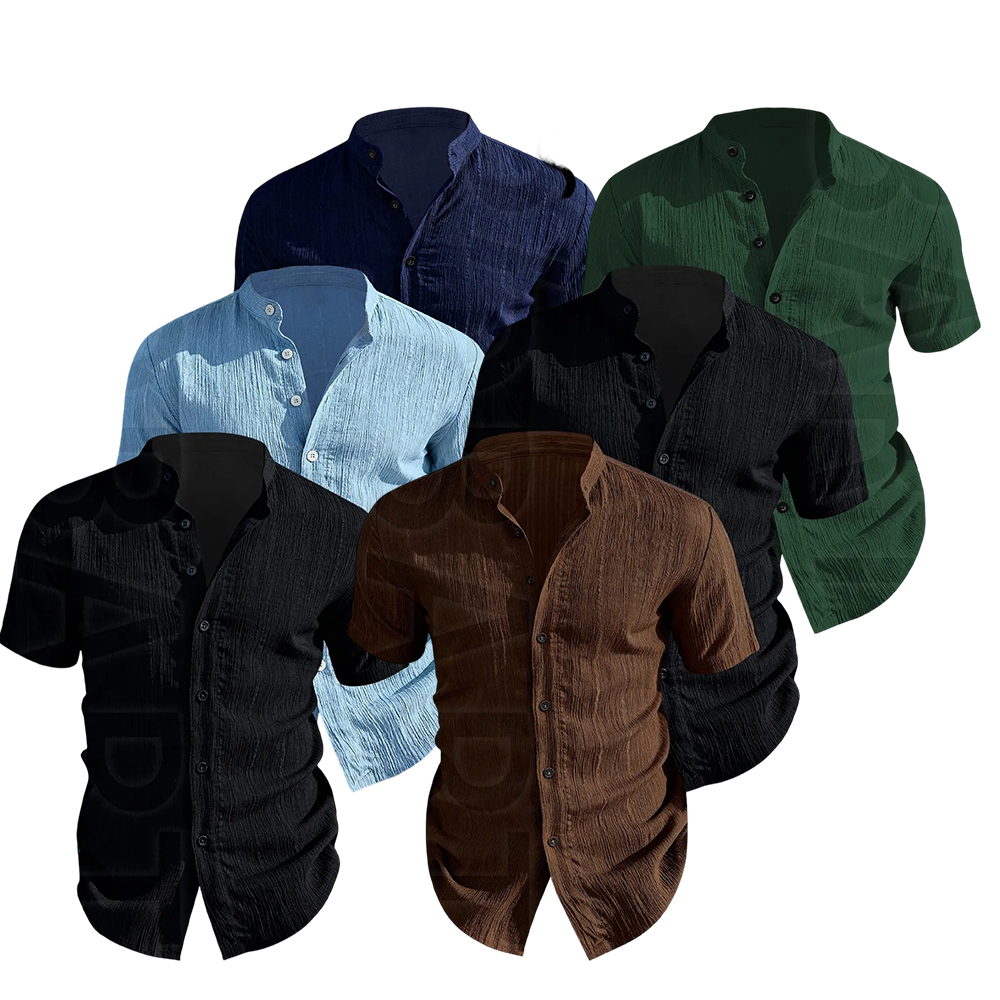 12pcs Men's Summer Short Sleeve Shirts, Lightweight Breathable Plain Solid Color Button-Up Casual Menswear Tops with Stand Collar, Casual Attire, Low-Cut Neckline Shirts for Beach, Pool Parties and Vacation, Gift for Husband