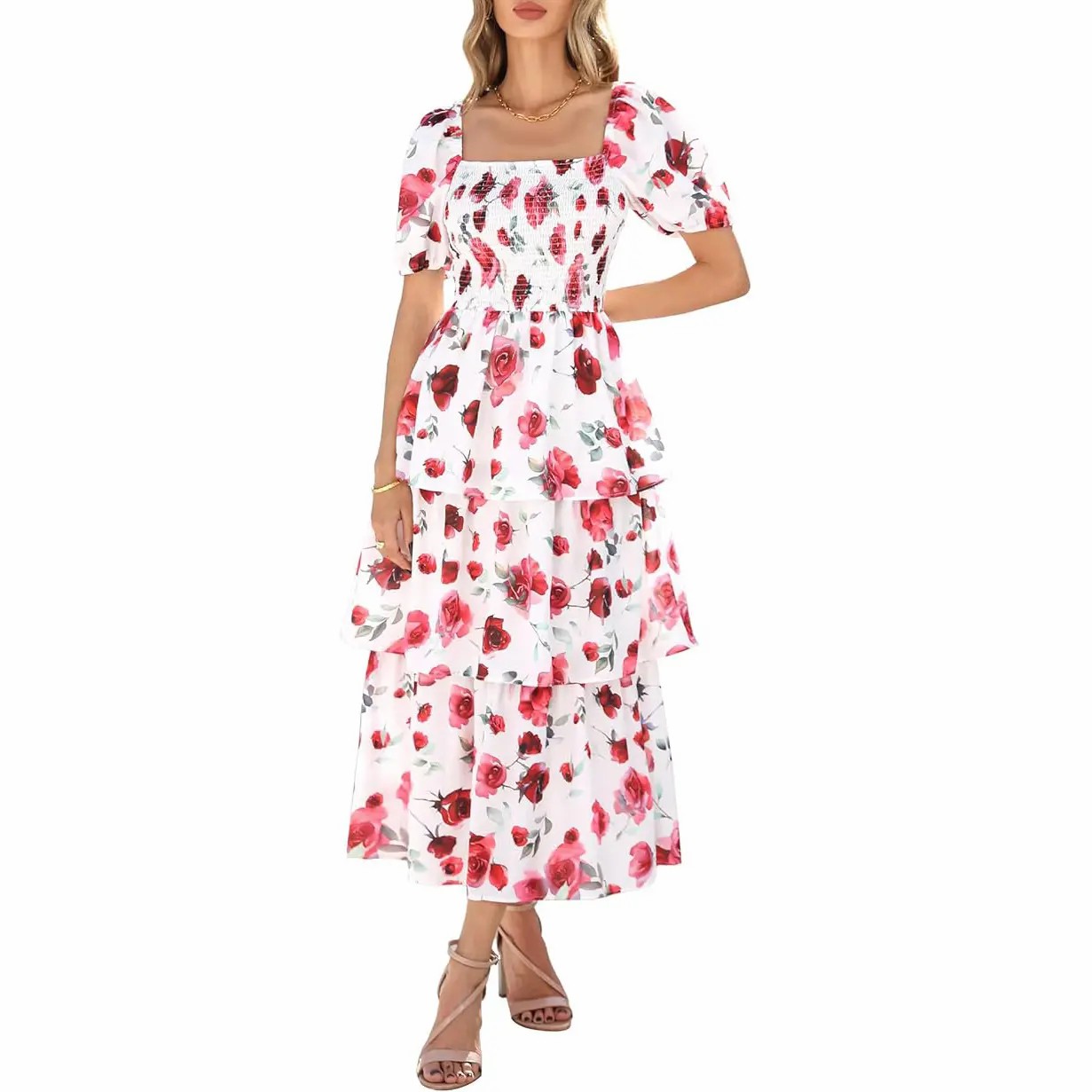 Women's Square Neck Smocked Dress with Puff Short Sleeve Floral Casual Ruffle Tiered Wedding Guest Dress