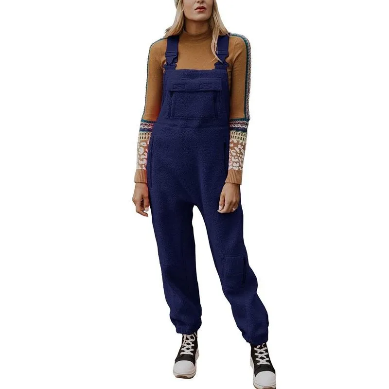 Women's Fleece Warm Overalls Winter Loose Casual Jumpsuits with Pockets