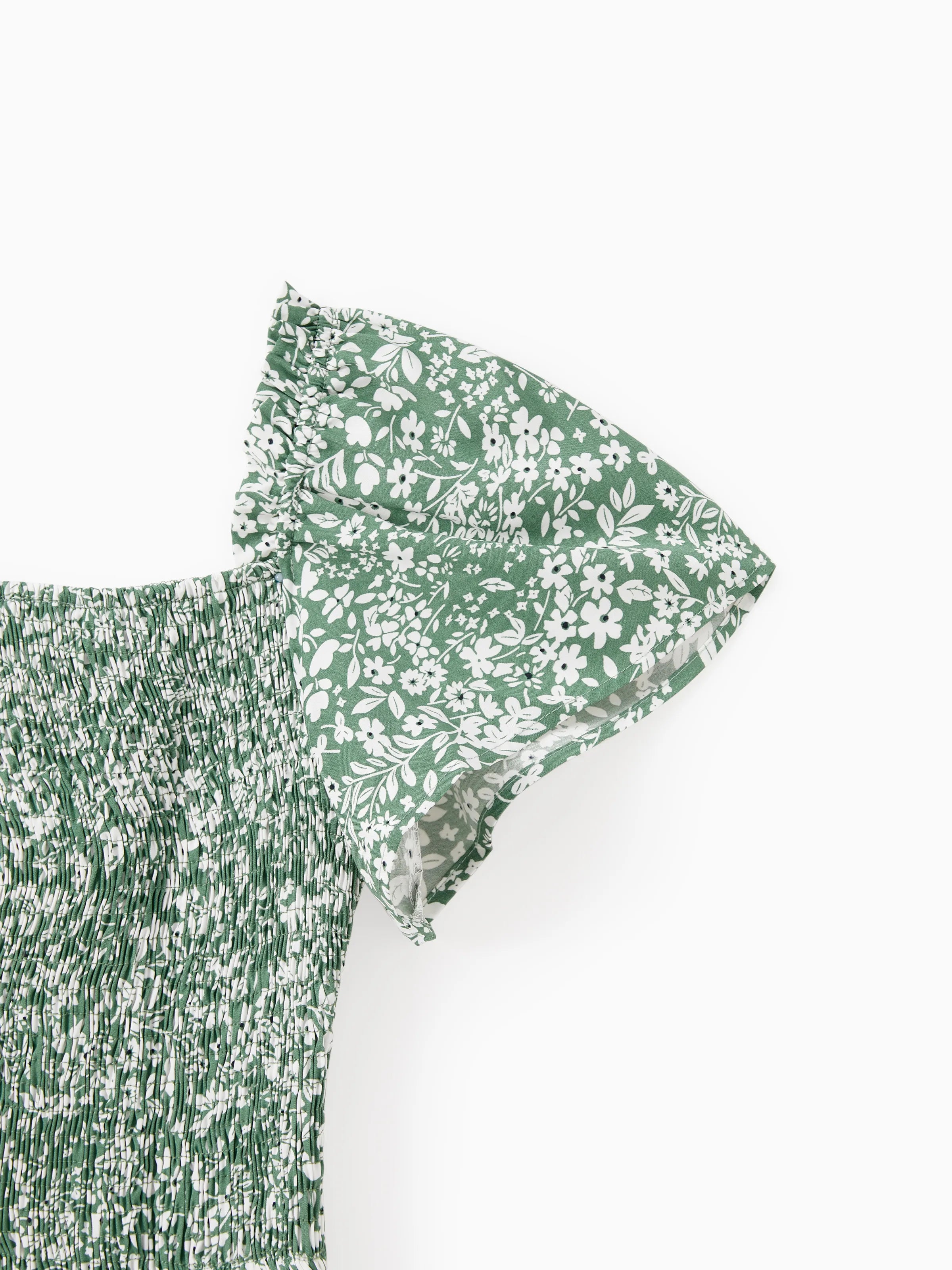 Elegant Broken Flower Matching Outfits for Family, Smocking Design, Medium Thickness Green