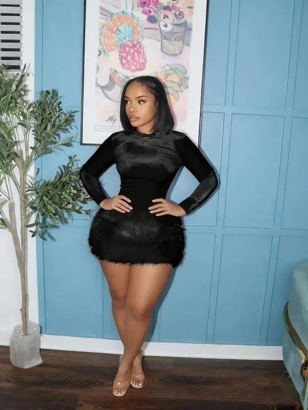 Women's Fashionable Autumn Winter Sexy Slim-Fit Jumpsuit Set, Plush Short Skirt Two-Piece, Stylish & Versatile Design