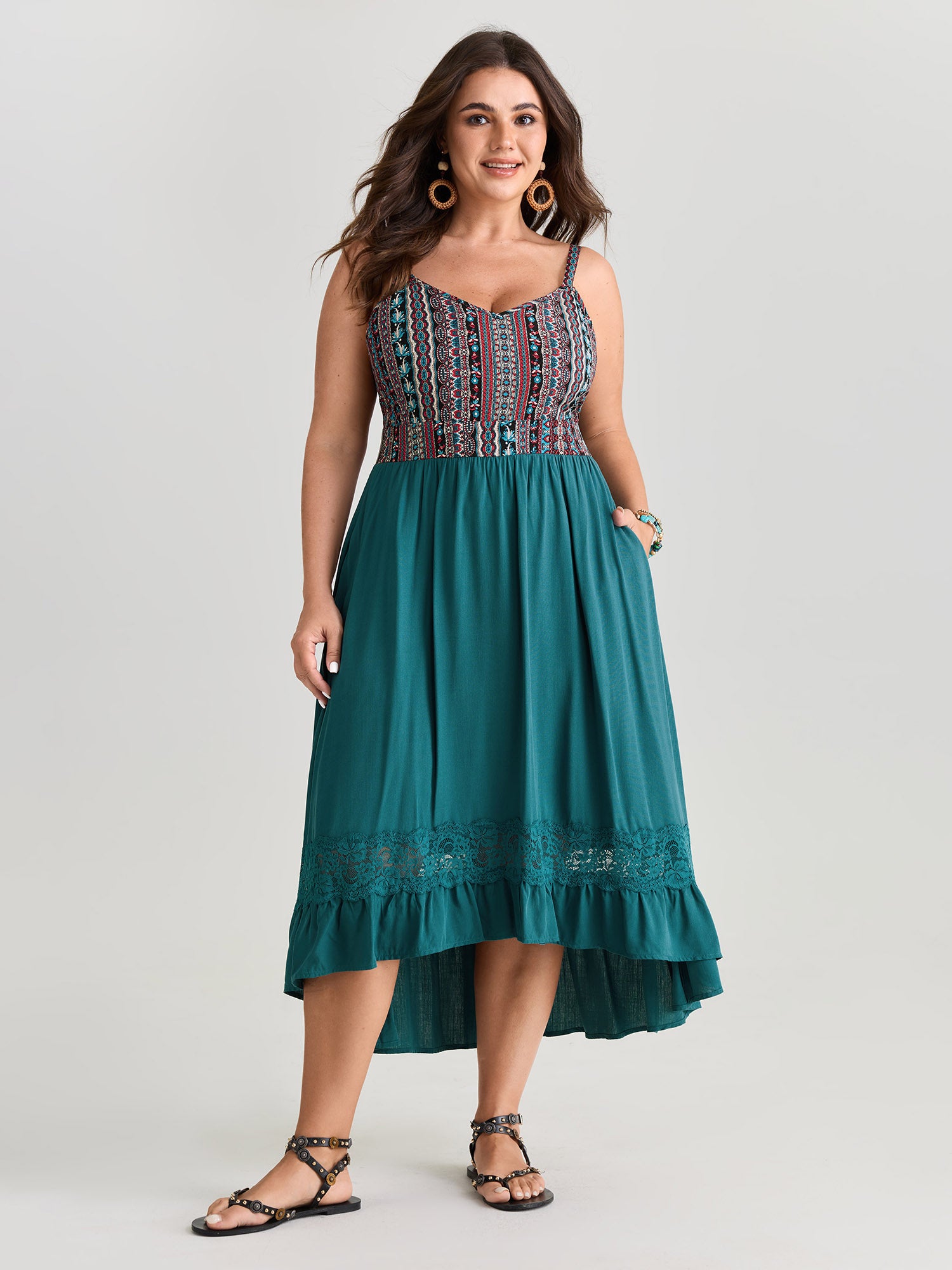 Boho Striped Lace Trim Midi Dress