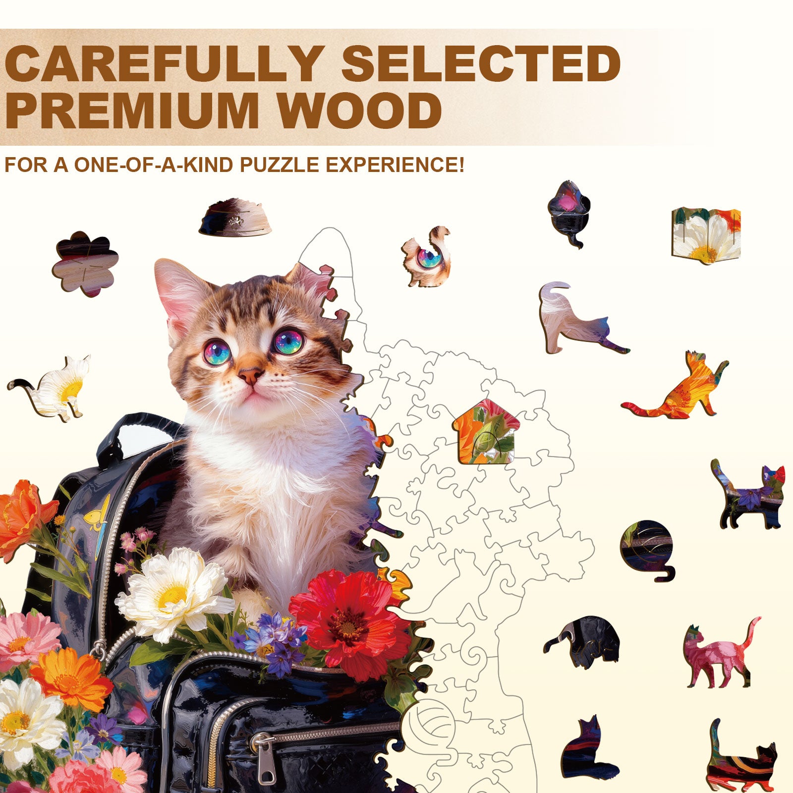 Flower Bag Cat Wooden Jigsaw Puzzle