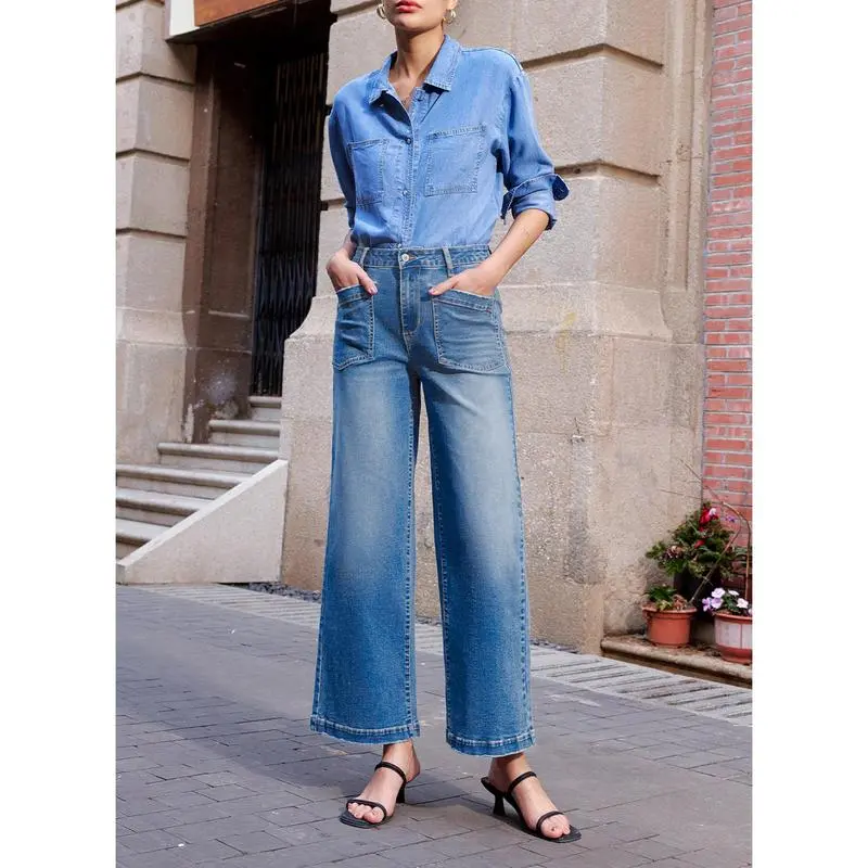 Women's Wide Leg Jeans High Waisted Stretchy Jeans Straight Leg Loose Fit Zimbaplatinum Ankle Denim Pants
