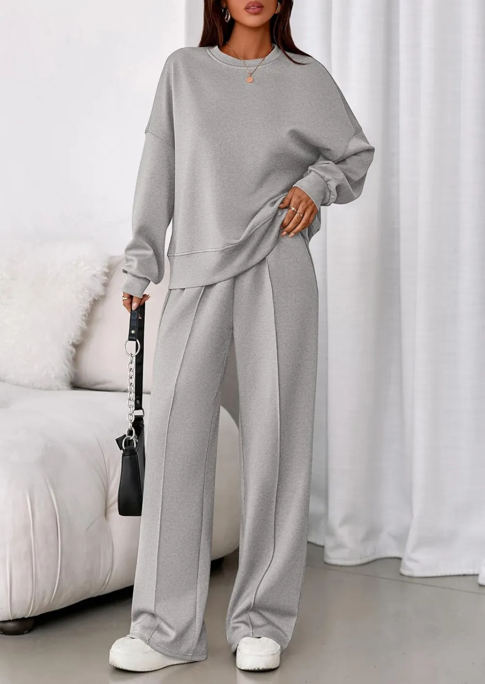 2 Piece Sets For Women Fall Trendy Long Sleeve Sweatshirt Wide Leg Pants Loungewear Set