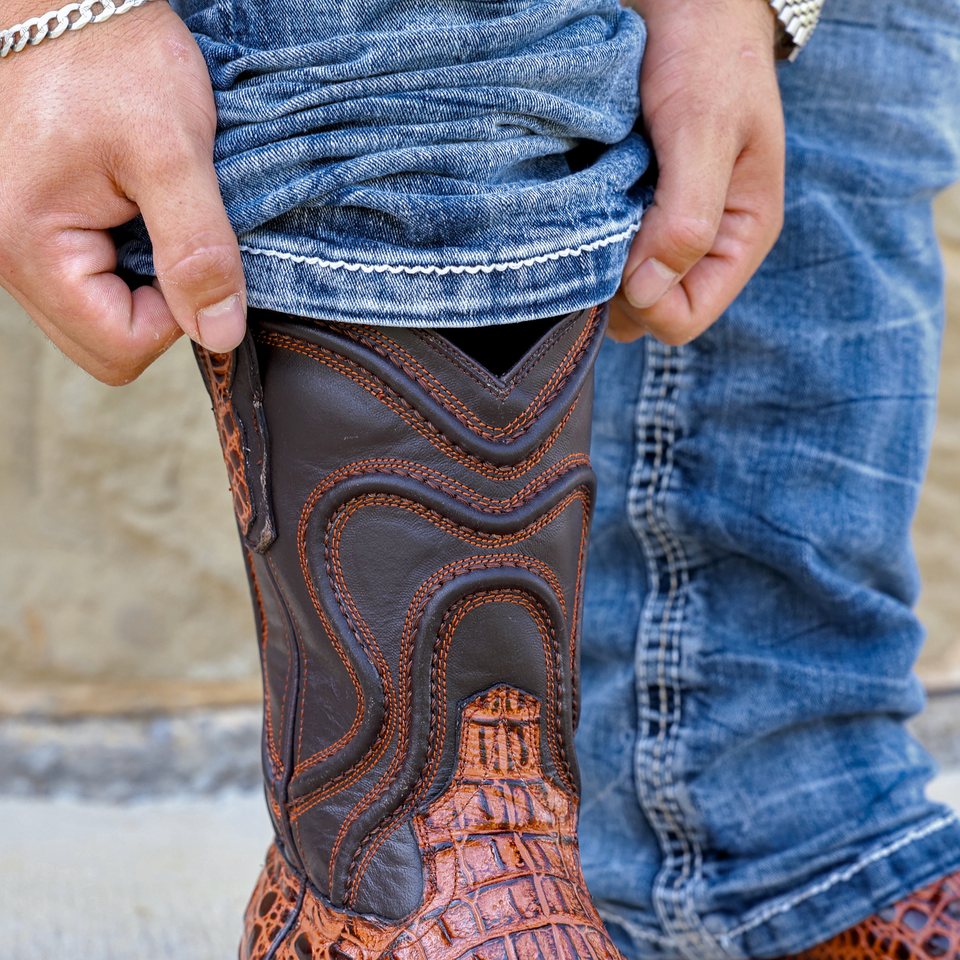 Cognac Caiman Neck Leather Boots - Square Toe