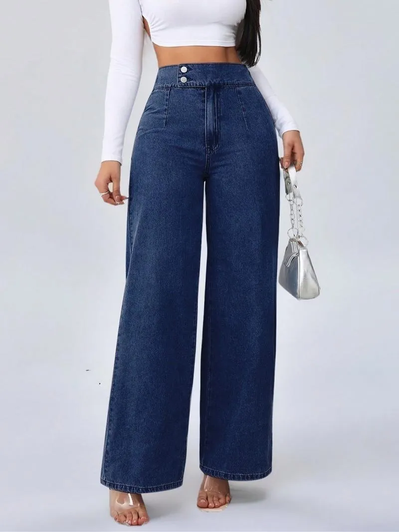 Women's vintage elegant high-waisted wide-leg jeans