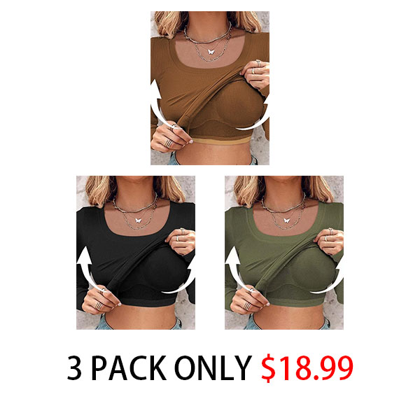 🍂🔥Womens U-Neck Built-in Bra Long Sleeve Ribbed Top Shirts Elegant Skinny Fit Fabric
