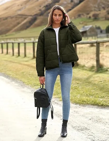 Womens Quilted Puffer Jackets Lightweight Zipper Short Padded Coat With Pockets