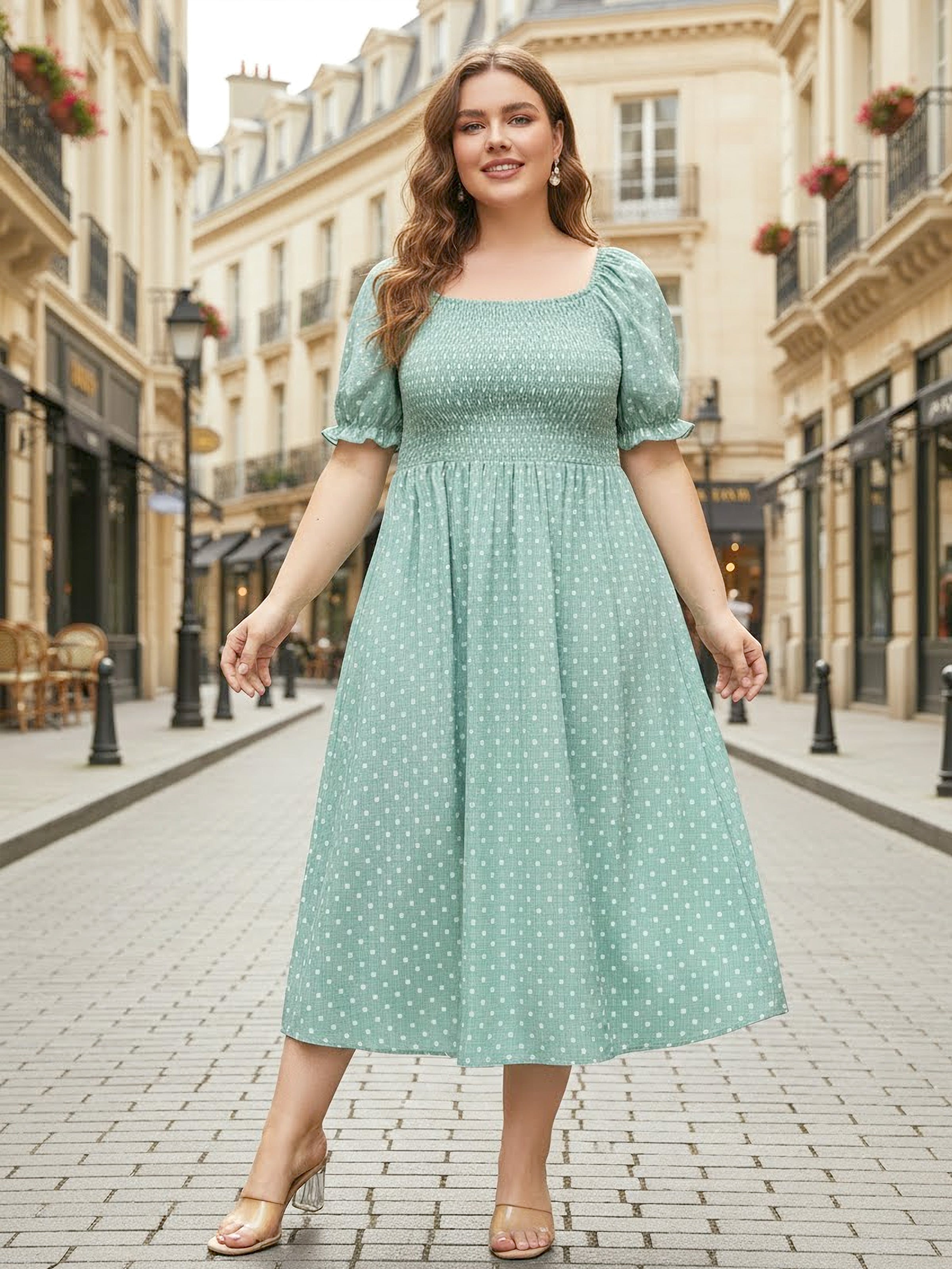 Family Matching T-Shirt & Dress Set Polka Dot Puff-sleeve Dress for Mom, Daughter & Baby, Color Block Cotton Tee for Dad & Son, Perfect for Family Outings & Photos Light Green