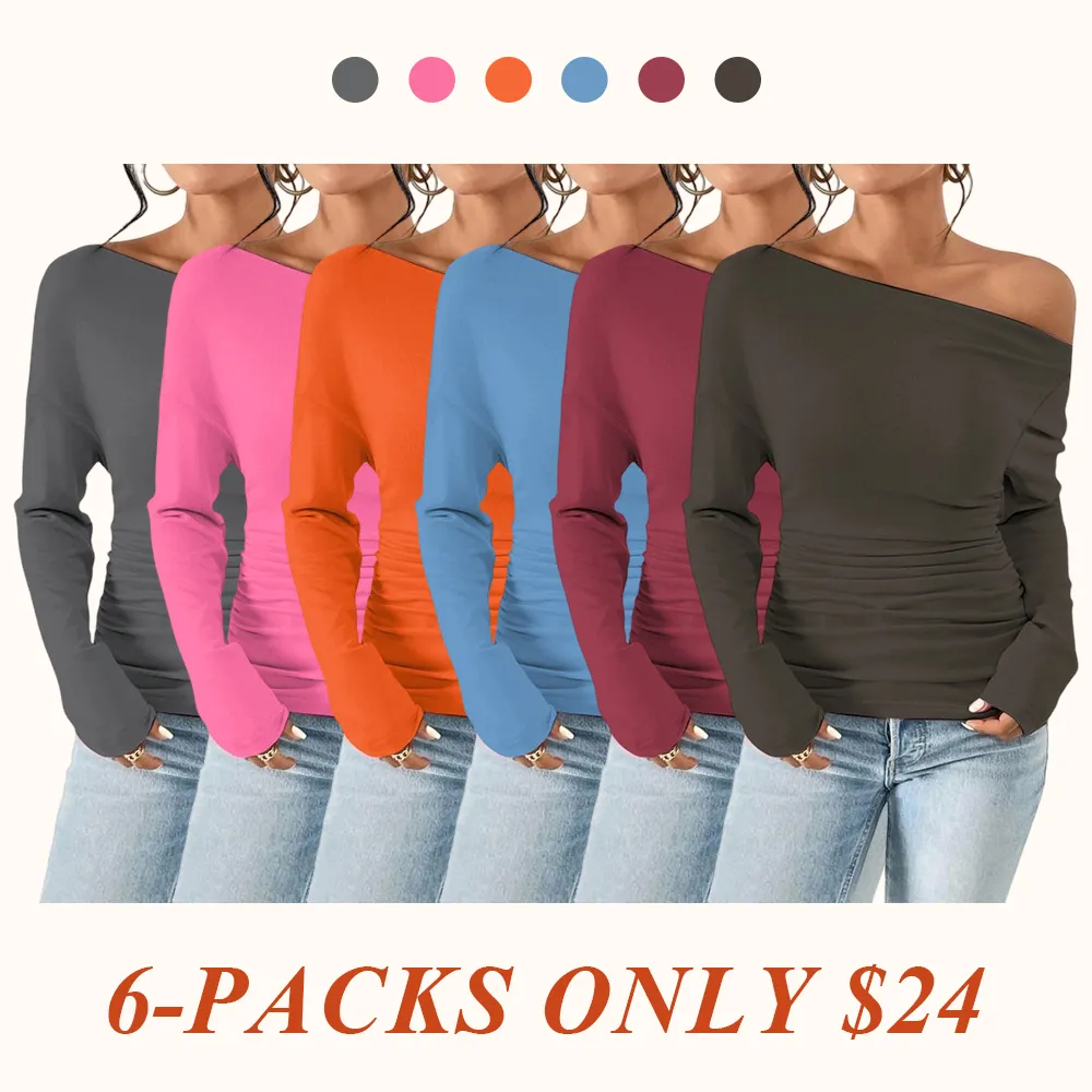 Women's Plain Ruched Asymmetrical Neck Drop Shoulder Tee