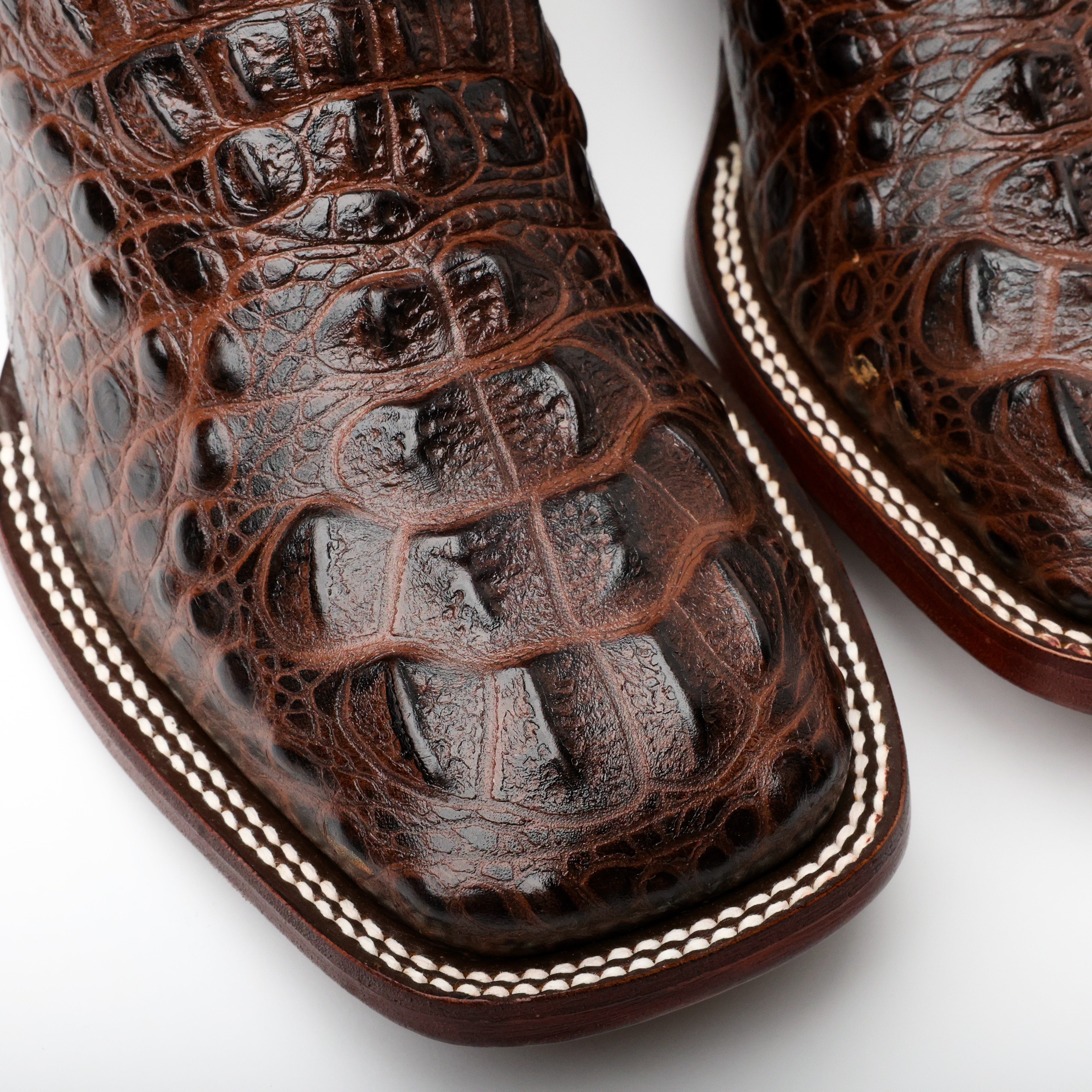 Brown Caiman Neck Leather Boots - Square Toe