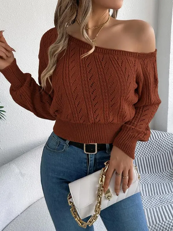 Women's Plain Textured Hollow Out Asymmetrical Neck Sweater