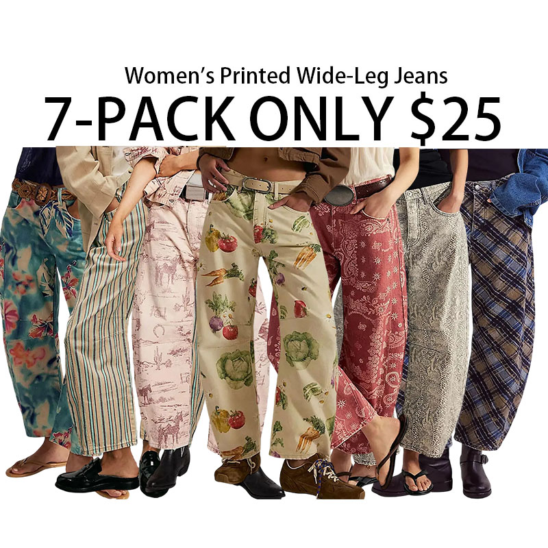 Women's Printed Wide-Leg Jeans Y2k Loose Mid-Rise Jeans
