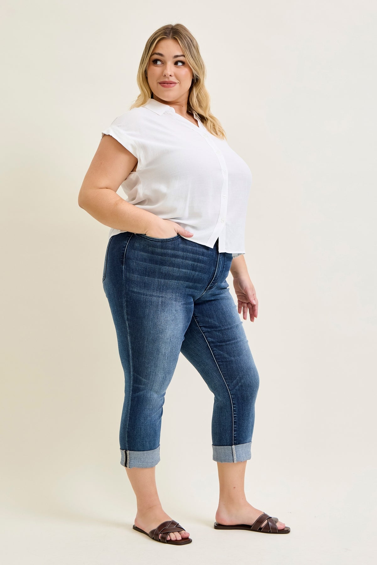 Maddy Mid Rise Dark Wash Cuffed Capri Jeans - PLUS