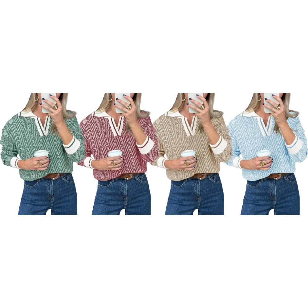 Womens V Neck Knit Sweater Color Block Long Sleeve