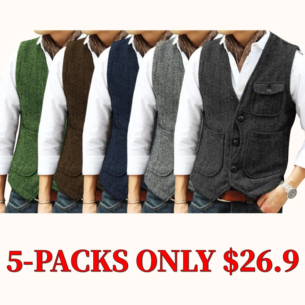 Men's vintage tweed vest, made from herringbone wool blend fabric