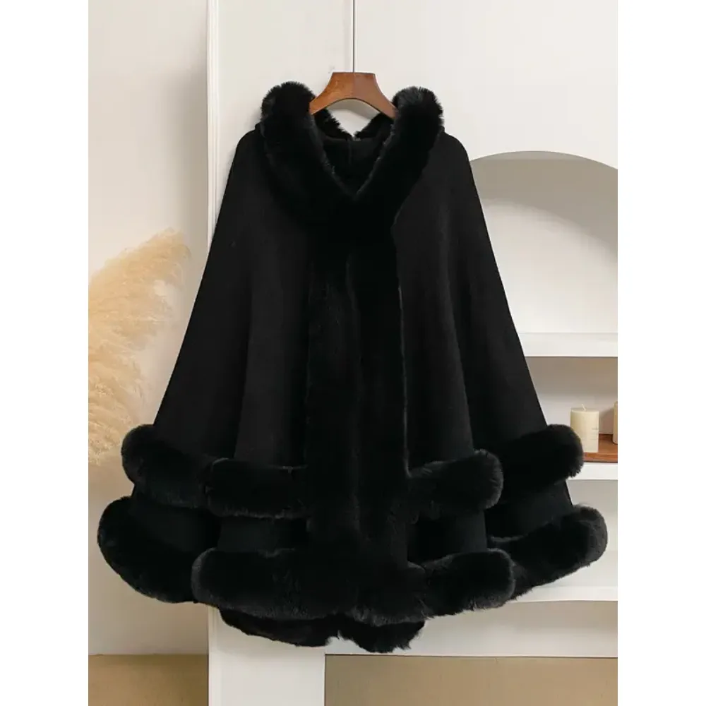 Luxury Faux Fur Hooded Cape Shawl
