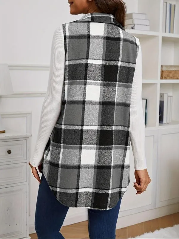 Women's Plaid Print Button Front Vest Coat