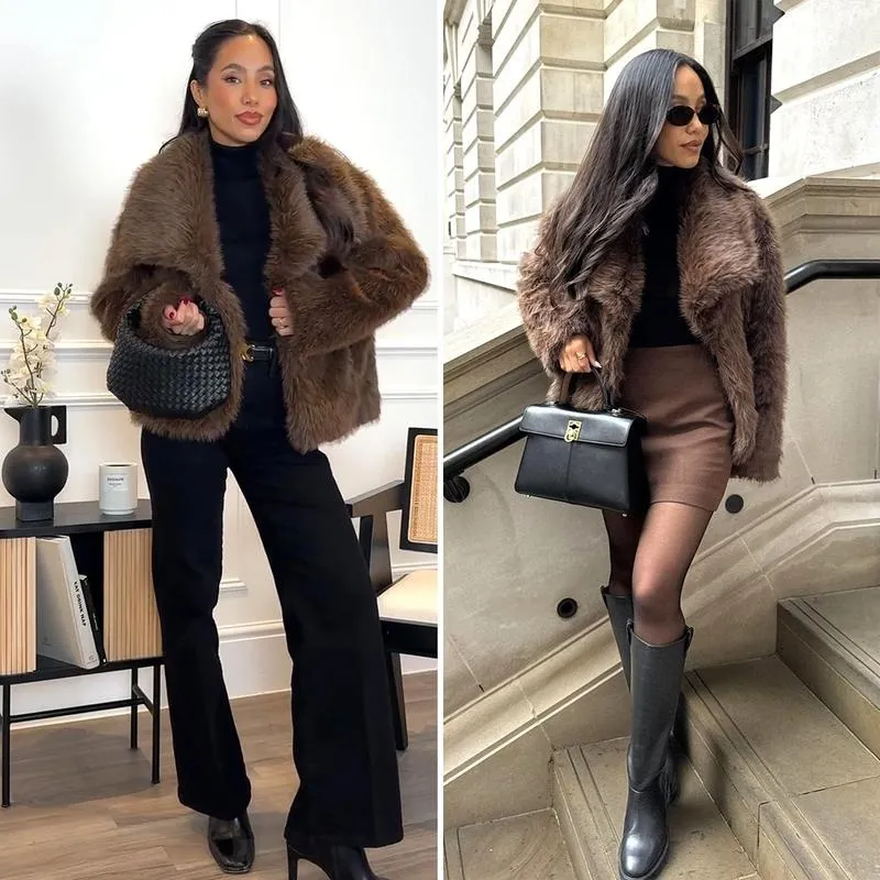 Women's Brown Faux Fur Coat Winter Fluffy Short Jacket