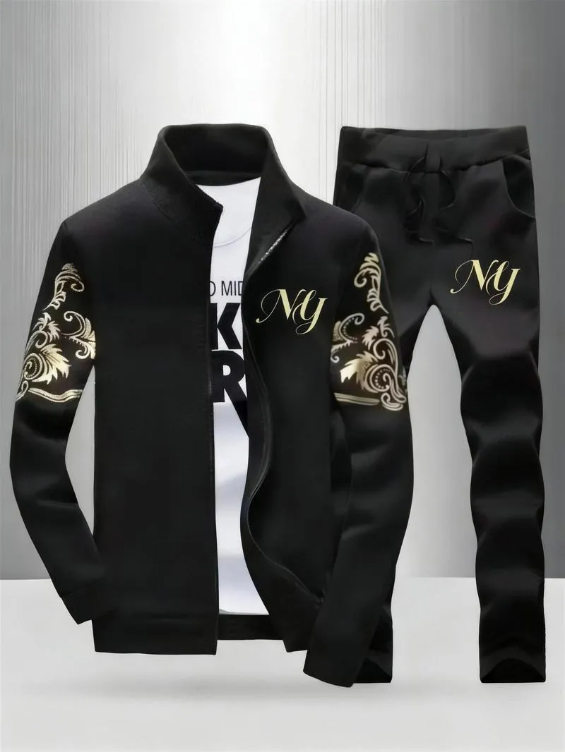 Men's Embroidery Stand Collar Tracksuit 2-Piece Full Zip Sportswear for Daily Casual Yellow Sweatsuit Matching Set