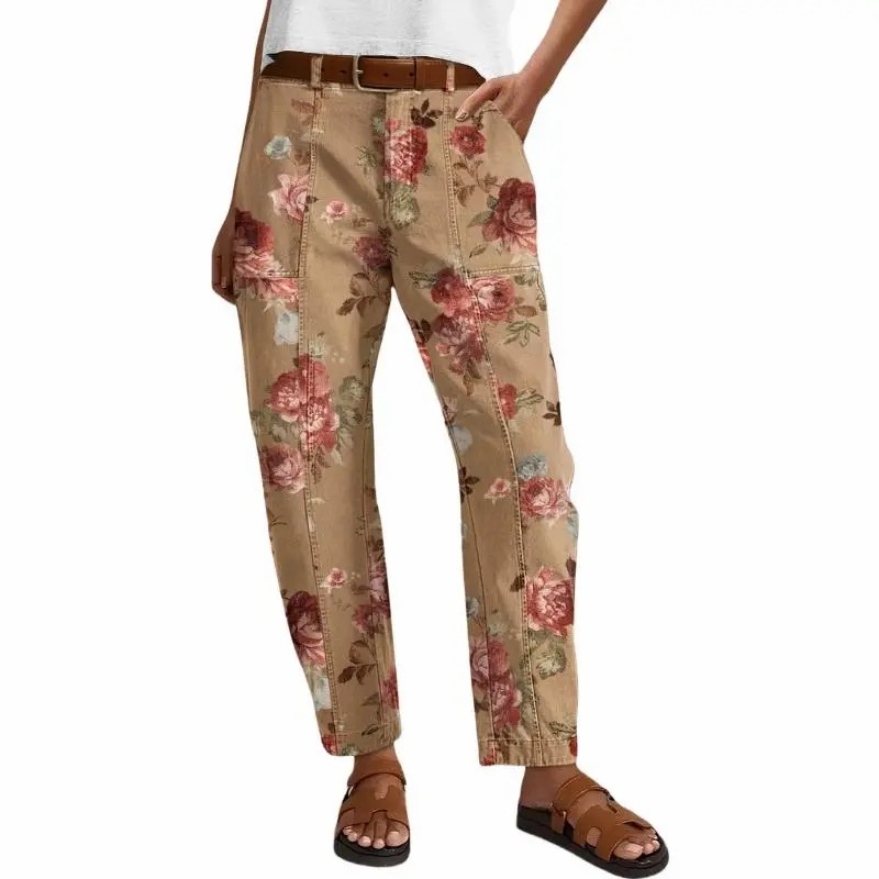 Women's Mid Waist Baby Barrel Fit Pants – Deep Pockets, High Stretch Casual Crop