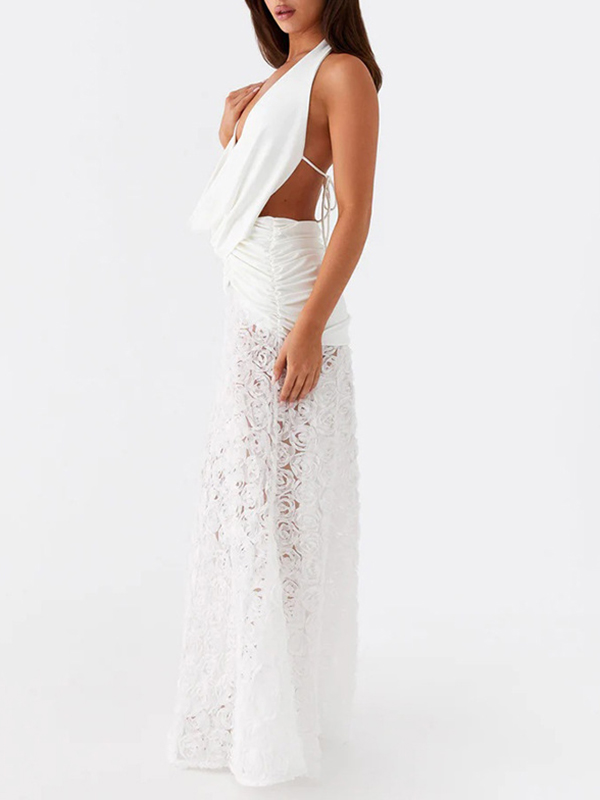 3D Flower Mesh Splicing Sleeveless Halterneck Sexy Memaid Maxi Dresses
