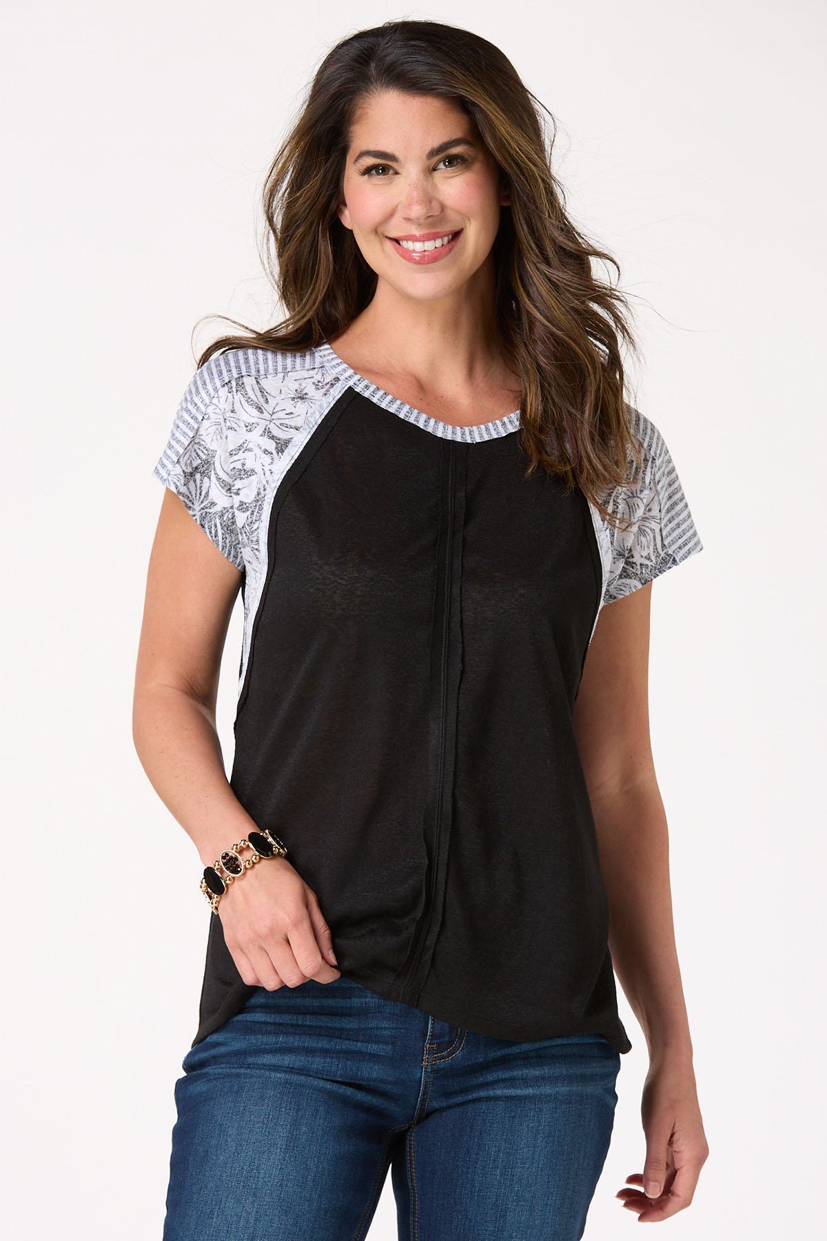 Contrasting Stripe Leaf Print Top