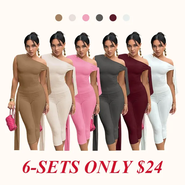 Women's Solid Asymmetrical Neck Knot Design Top & High Waist Capri Pants Two-piece Set