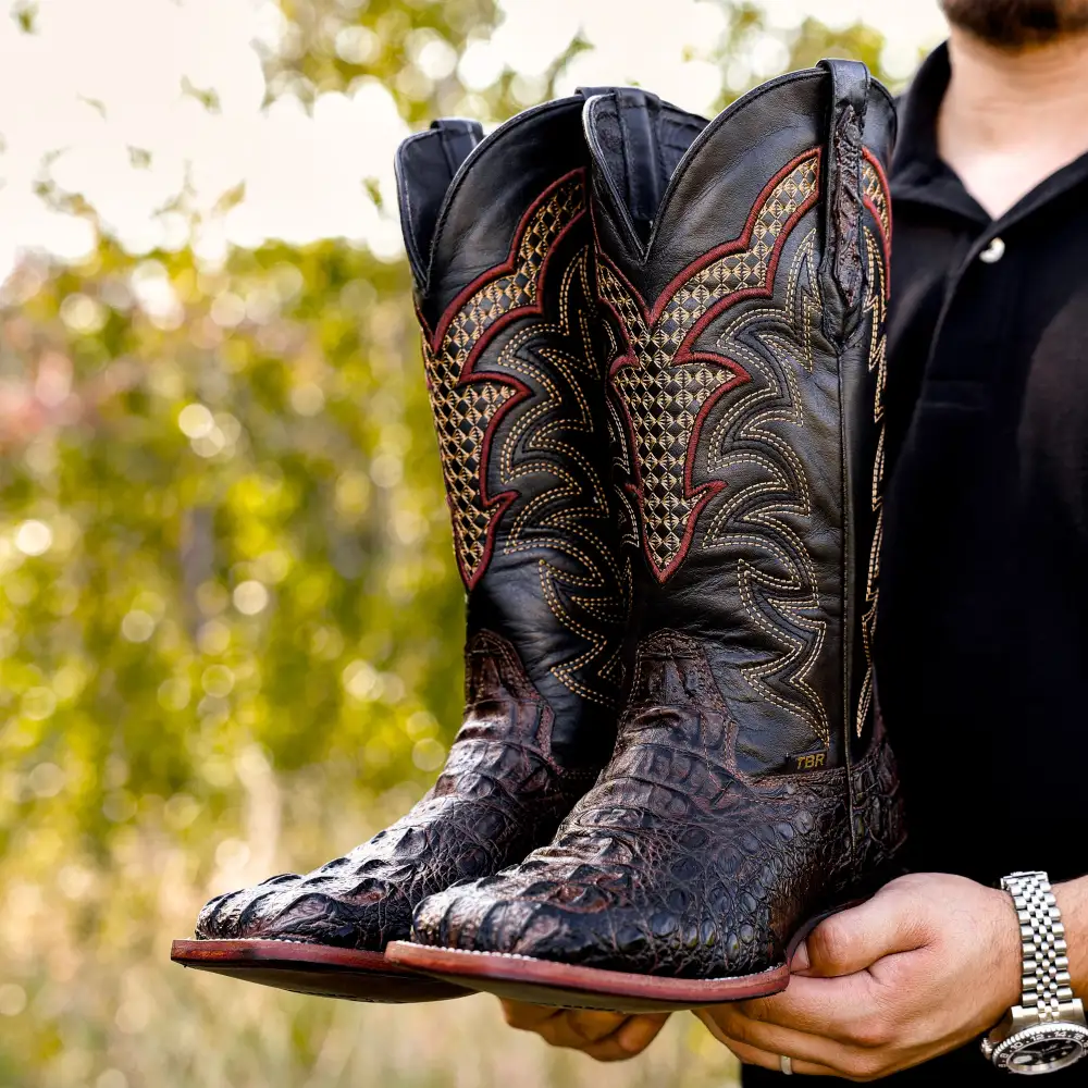 Chocolate Brown Caiman Neck Leather Boots - Square Toe