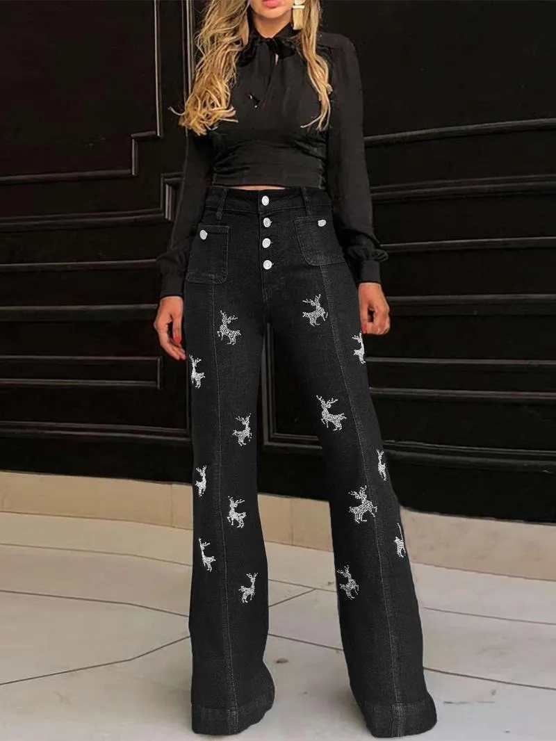 Women's Plain Button Pocket Flare Leg Jeans, Casual Bell Bottom Trousers for Daily Wear