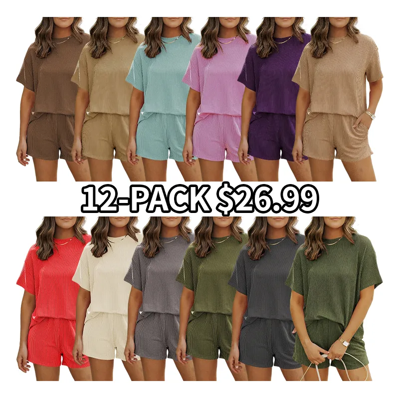 Women's Summer Short Sleeve Twisted Thread Shirt & Shorts with Pockets Casual Pajamas Ribbed Textured Outfit Matching Lounge Set