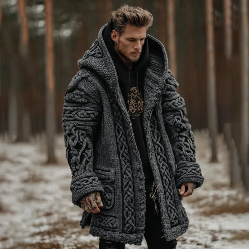 Men's Viking Celtic Knot Contrast Button Cozy Midi Cardigan Sweater