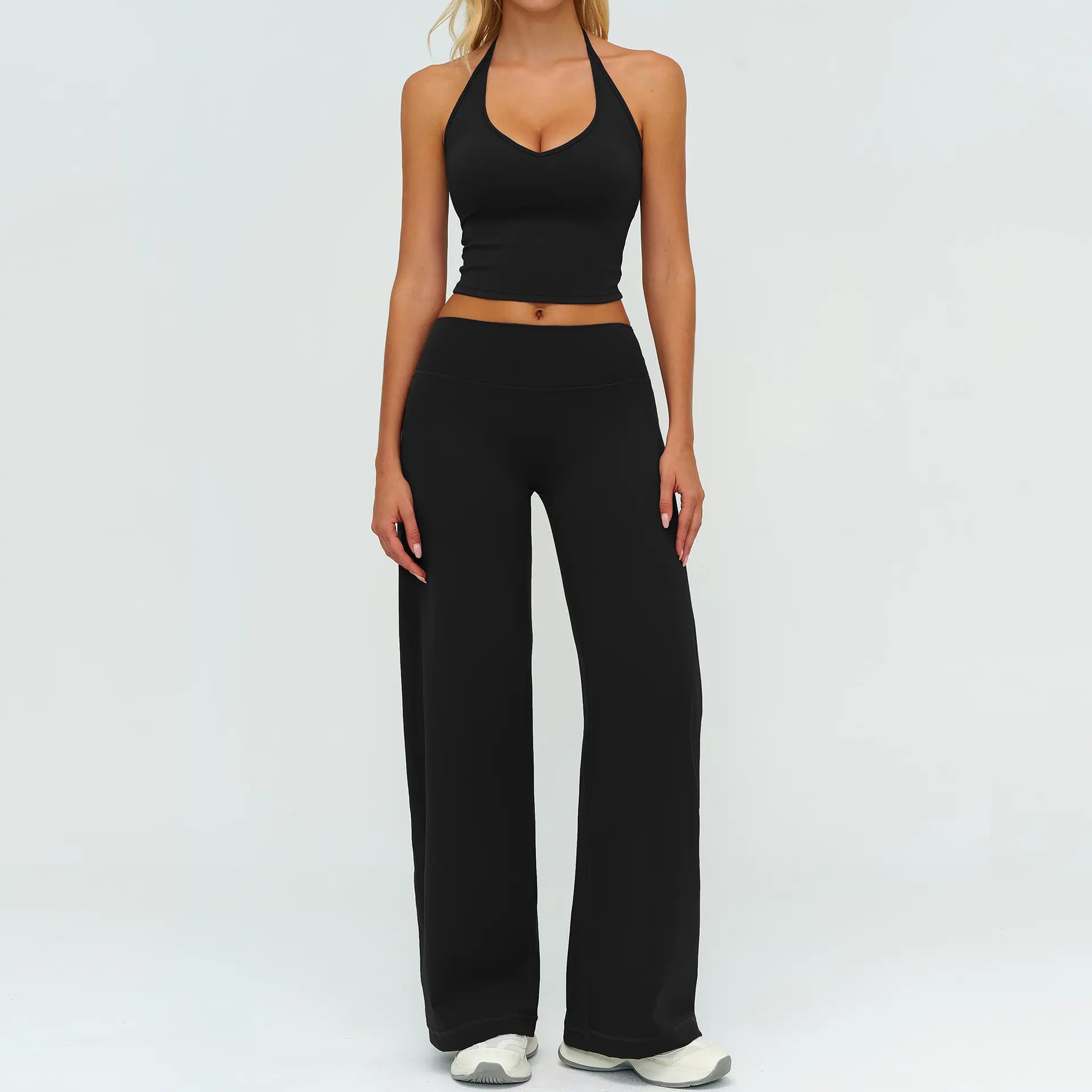 Women's Strappy Crop Top & Straight-Leg Pants Fitness Set – Gym to Casual Wear