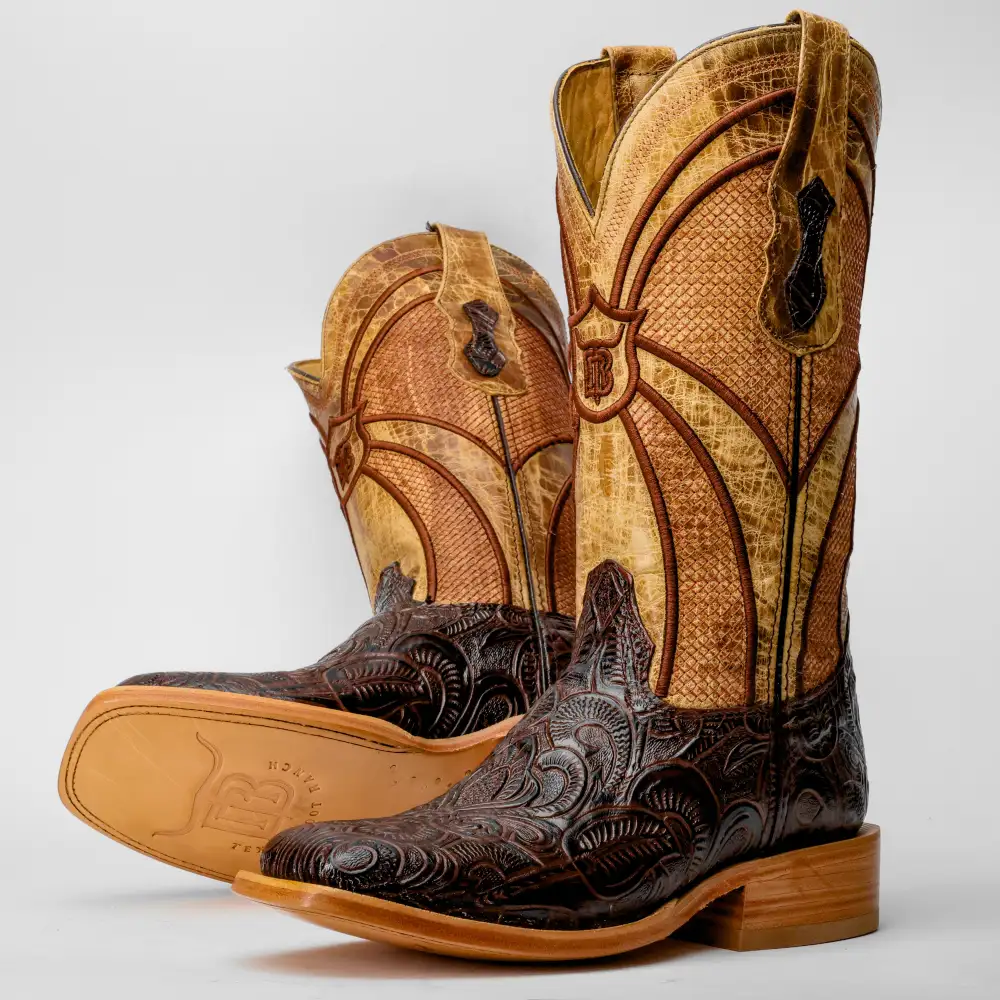 Brown Hand-Tooled Leather Boots - Square Toe